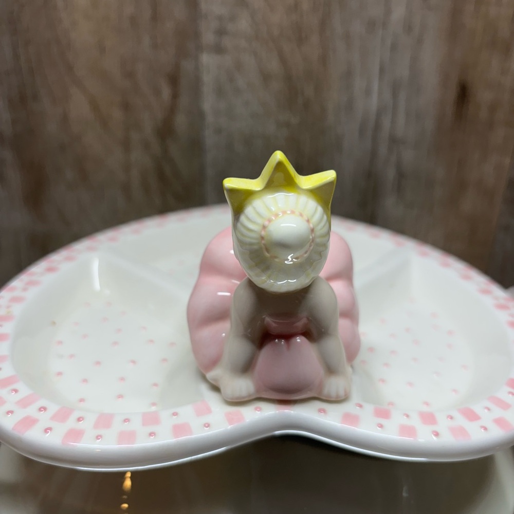CUTE MUD PIE PRINCESS CROWN PINK & WHITE CHILDS DIVIDED CERAMIC PLATE AND CUP - Picture 11 of 11